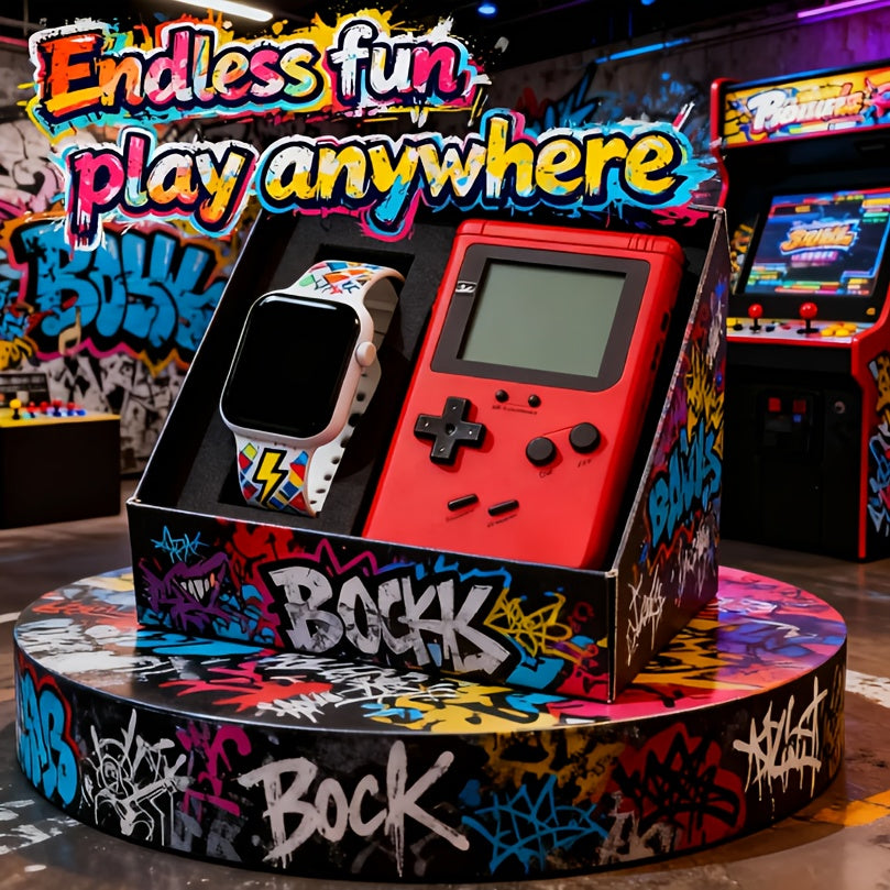 2pcs Graffiti Portable Handheld Game Console+1PC Watch