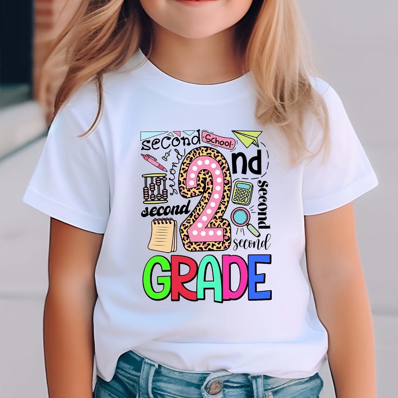 A Cute "Second Grade" Graphic Cotton T-Shirt Girl