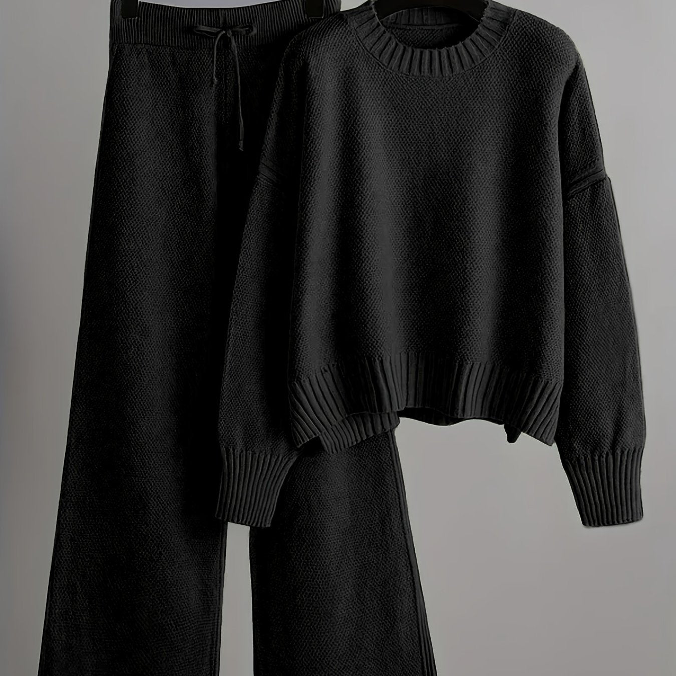 2pcs Women's Soft Casual Elegant Round Neck Sweater & Wide-Leg Pants Set