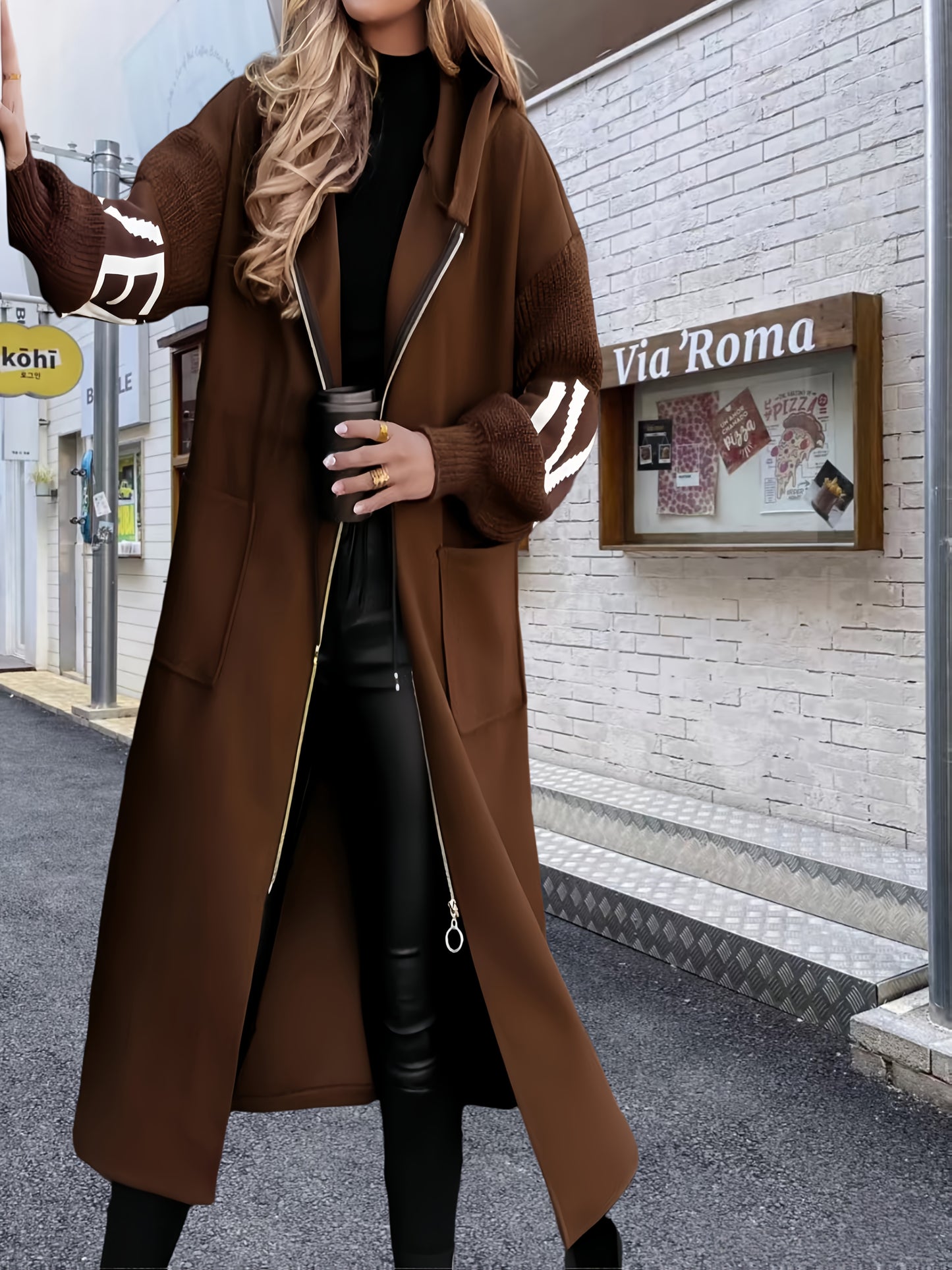 Women's Black & White Casual Hooded Coat