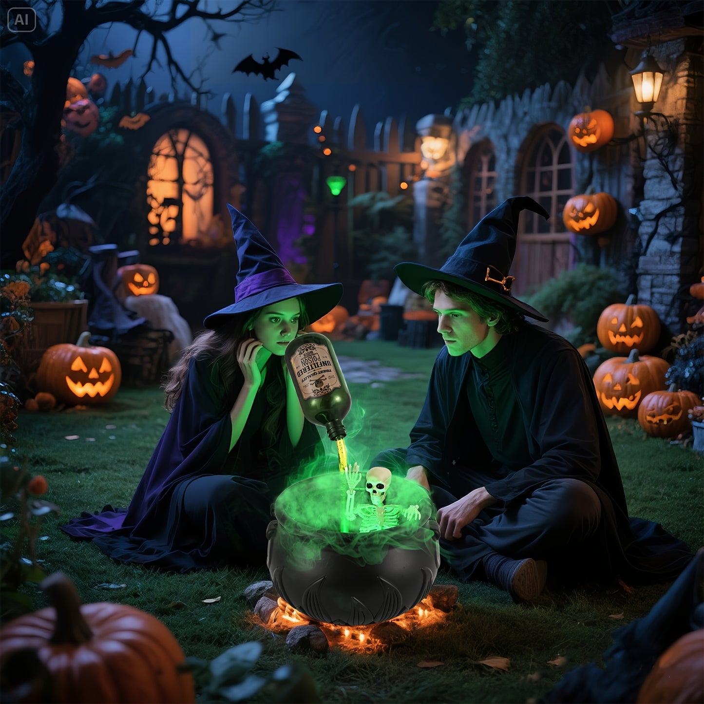 Half-Skeleton Cauldron with Magic Floating Potion & Fog Maker