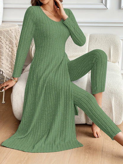 Ribbed Two-Piece  Long-Sleeved Top and Pants Set