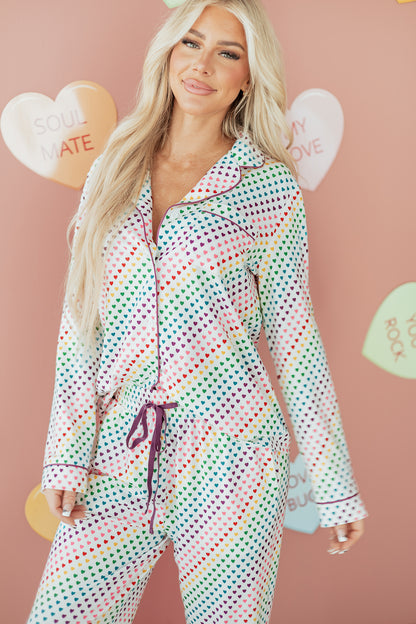 2pcs White Pride Heart Print Valentines Long Pajama Set