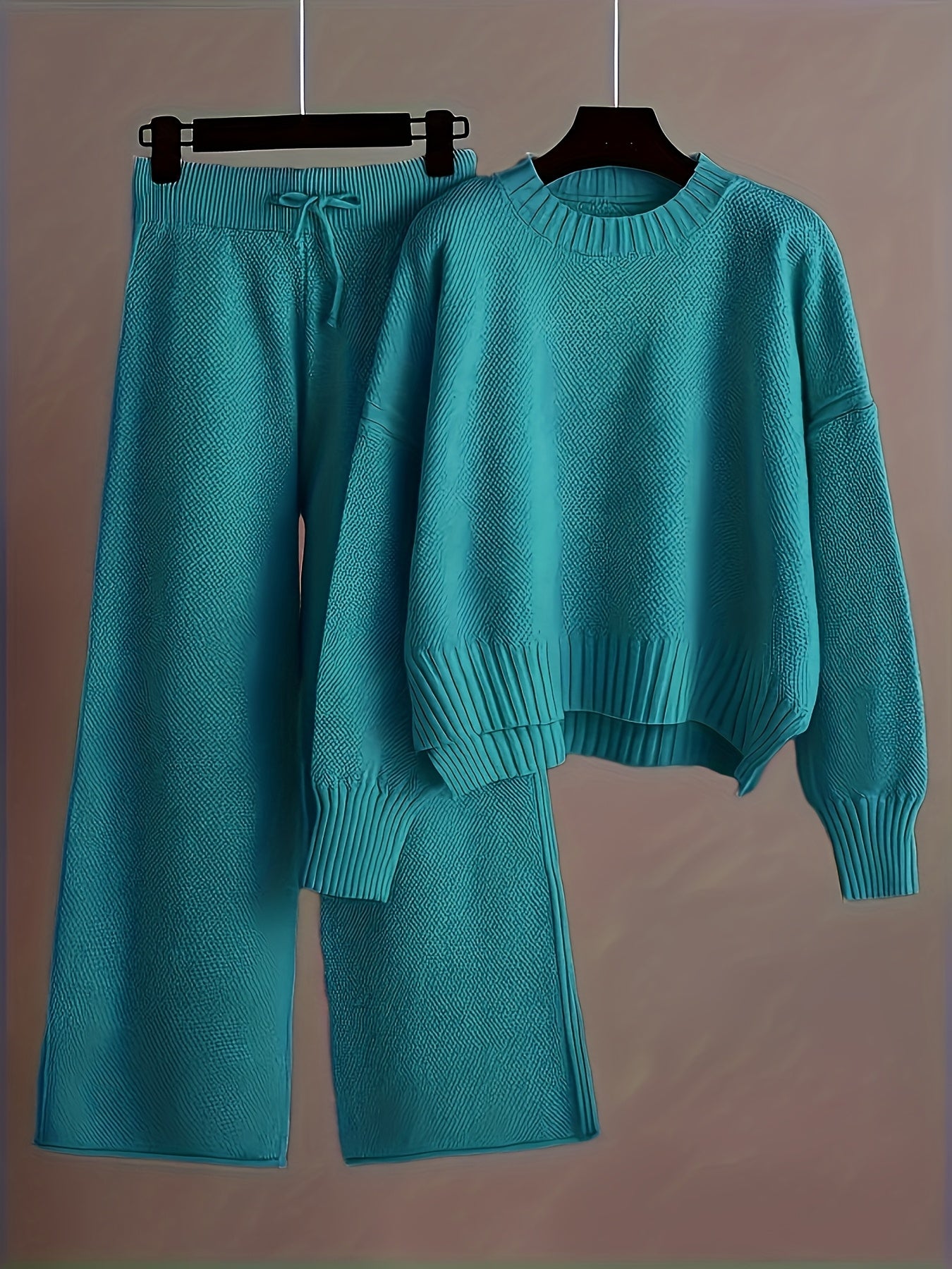 2pcs Women's Soft Casual Elegant Round Neck Sweater & Wide-Leg Pants Set