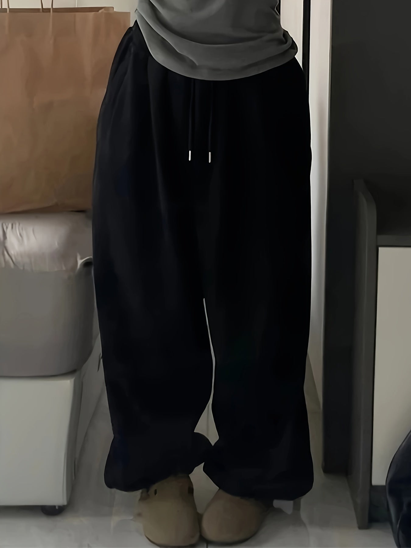 Women's Y2K High-Waisted Wide-Leg Gray Polyester Sweatpants