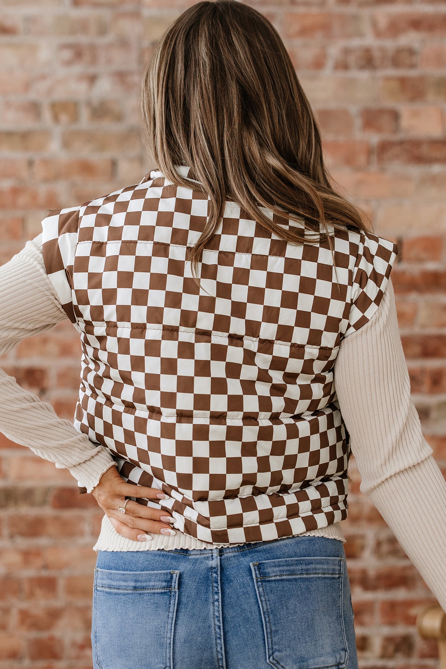 Brown Double Checked Stand Collar Cropped Puffer Vest
