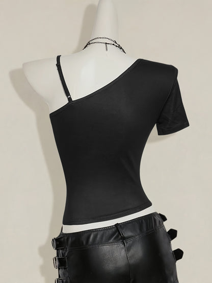 Y2K-Inspired Off-Shoulder Bold Dragon Print, Red & Black Shirt