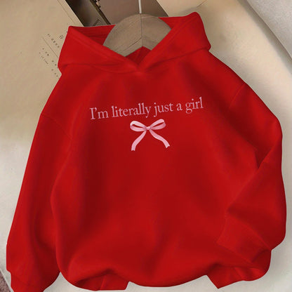 Girls' Autumn/Winter Hooded Sweatshirt  with "I'm Literally Just a Girl" Print & Pink Bow