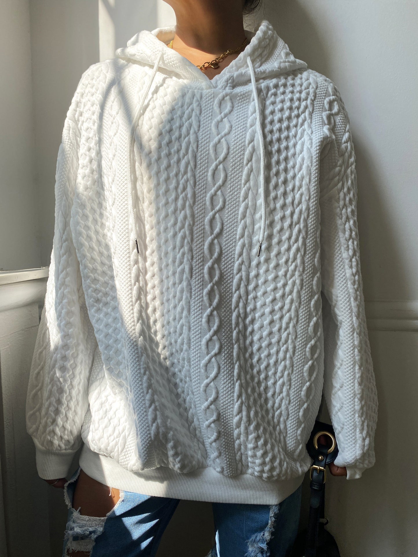 Plus Size Women's Solid Ribbed Long Sleeve Hoodie - Slight Stretch Drawstring Sweatshirt