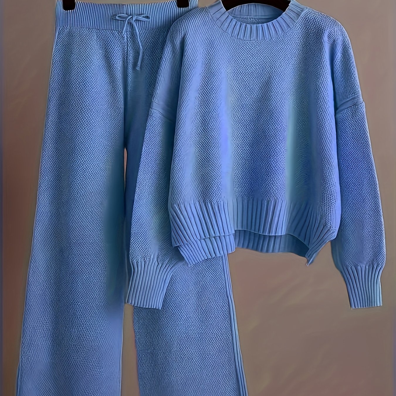 2pcs Women's Soft Casual Elegant Round Neck Sweater & Wide-Leg Pants Set