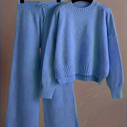 2pcs Women's Soft Casual Elegant Round Neck Sweater & Wide-Leg Pants Set
