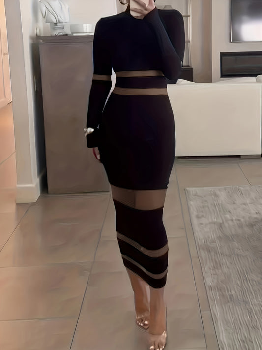 Mesh Panel Long Sleeve Slim Dress