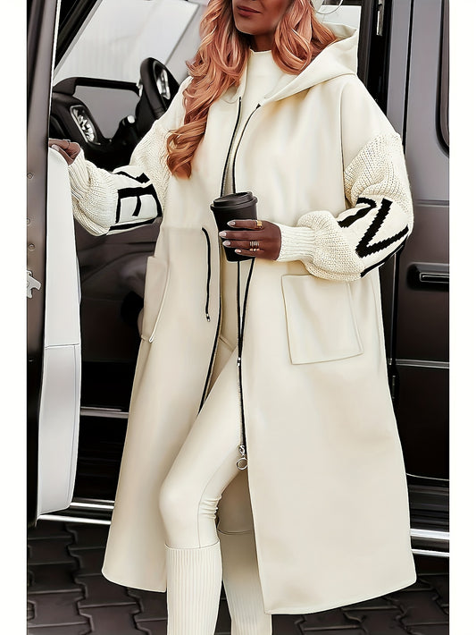 Women's Black & White Casual Hooded Coat