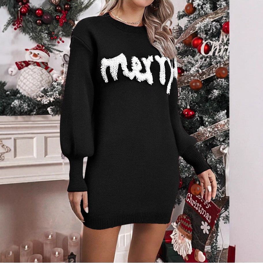 Women's Merry Graphic Sequin Sleeve Turtleneck Sweater Dress