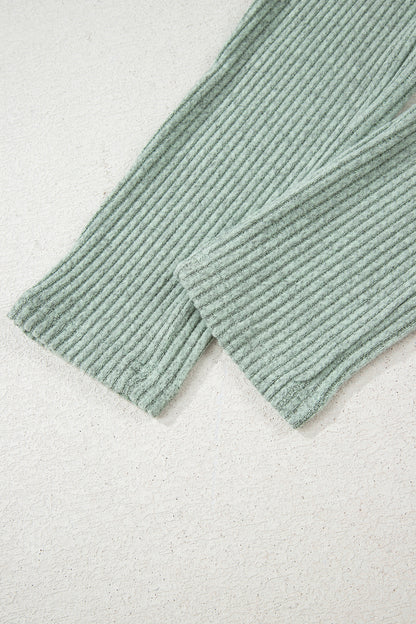2pcs Grass Green Ribbed Notched Neck Knit Long Sleeve Leggings Lounge Set