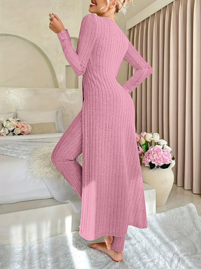 Ribbed Two-Piece  Long-Sleeved Top and Pants Set