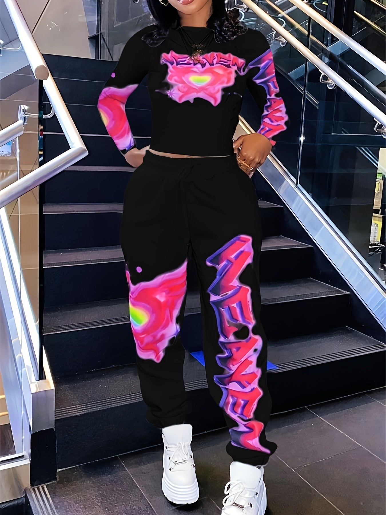 Women's Heart and Letter Print Long Sleeve Top and Waist Pants Set with Pockets