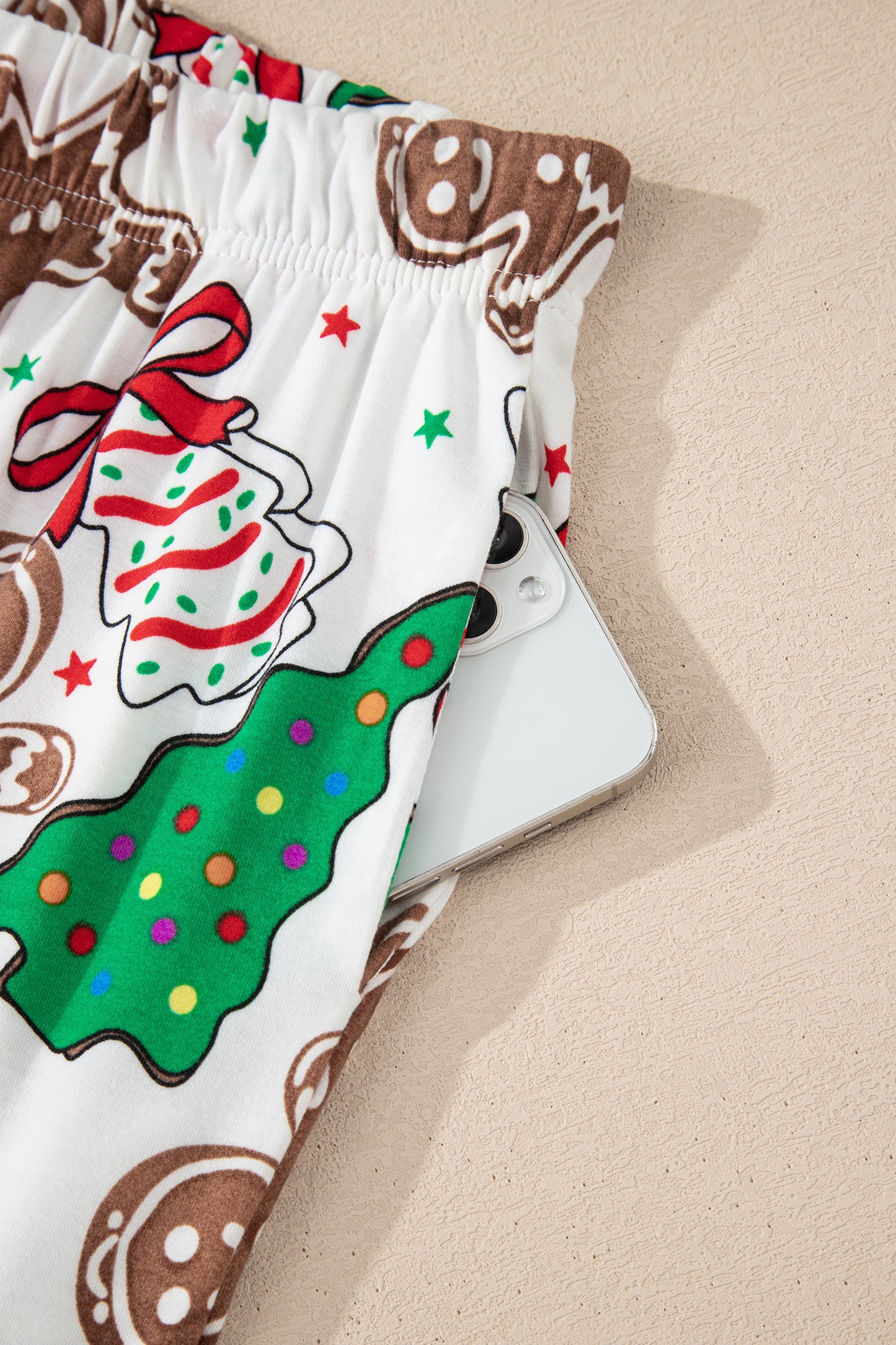 2pcs White Christmas Pattern Button V Neck Pullover Drawstring Pants Lounge Set