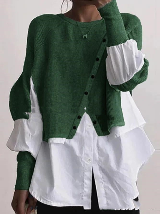 Women's Crew Neck Long Sleeve Knitted Multi-color Patchwork Shirt