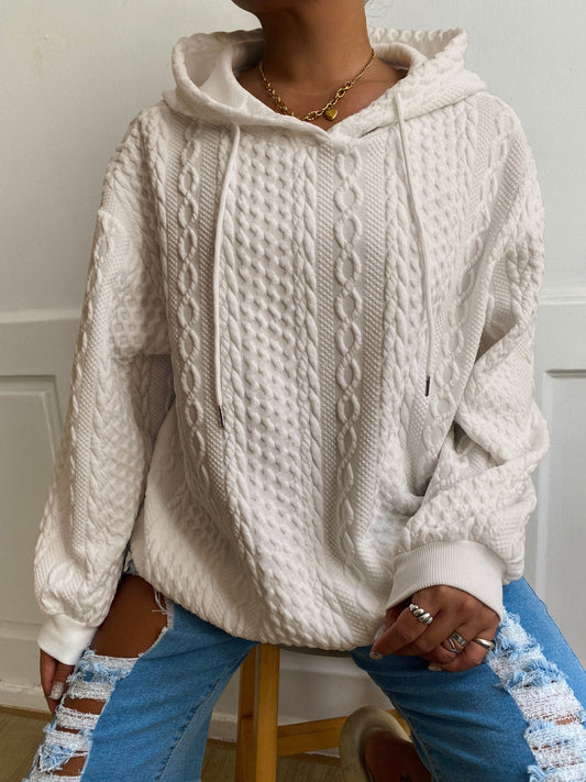 Plus Size Women's Solid Ribbed Long Sleeve Hoodie - Slight Stretch Drawstring Sweatshirt