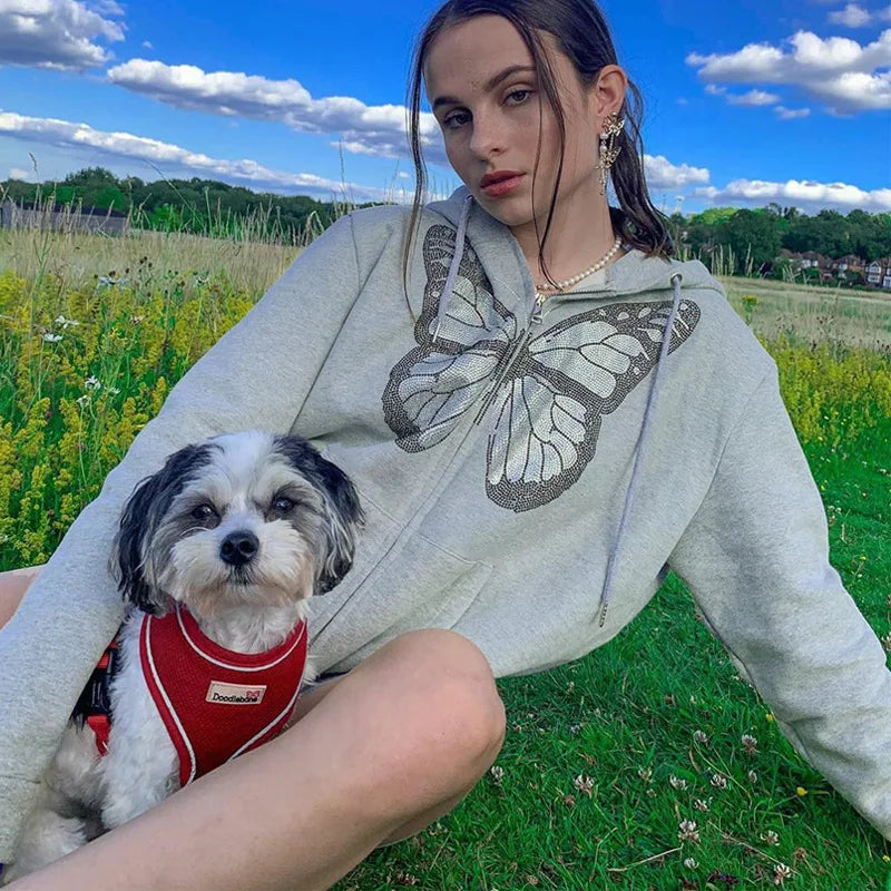 Y2K Grunge Punk Butterfly Print Oversize Zip Up Hoodies
