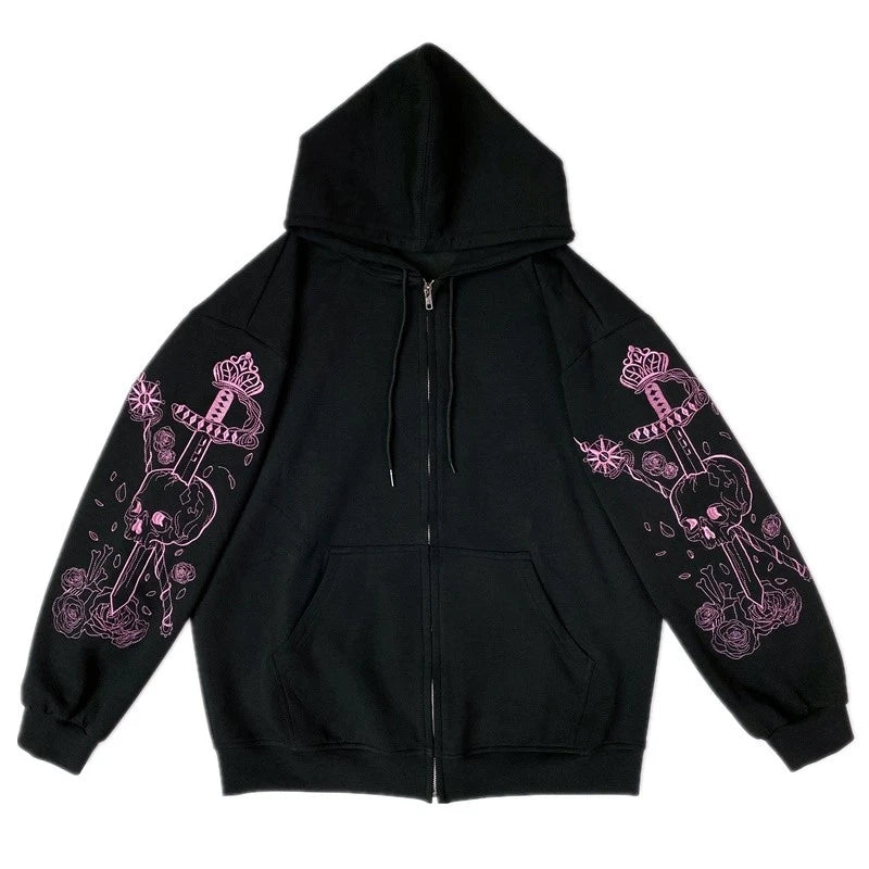 Y2K Grunge Punk Butterfly Print Oversize Zip Up Hoodies