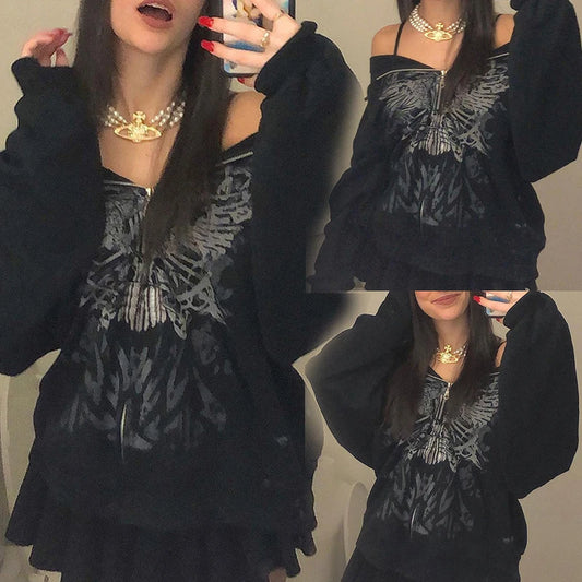 Y2K Grunge Punk Butterfly Print Oversize Zip Up Hoodies