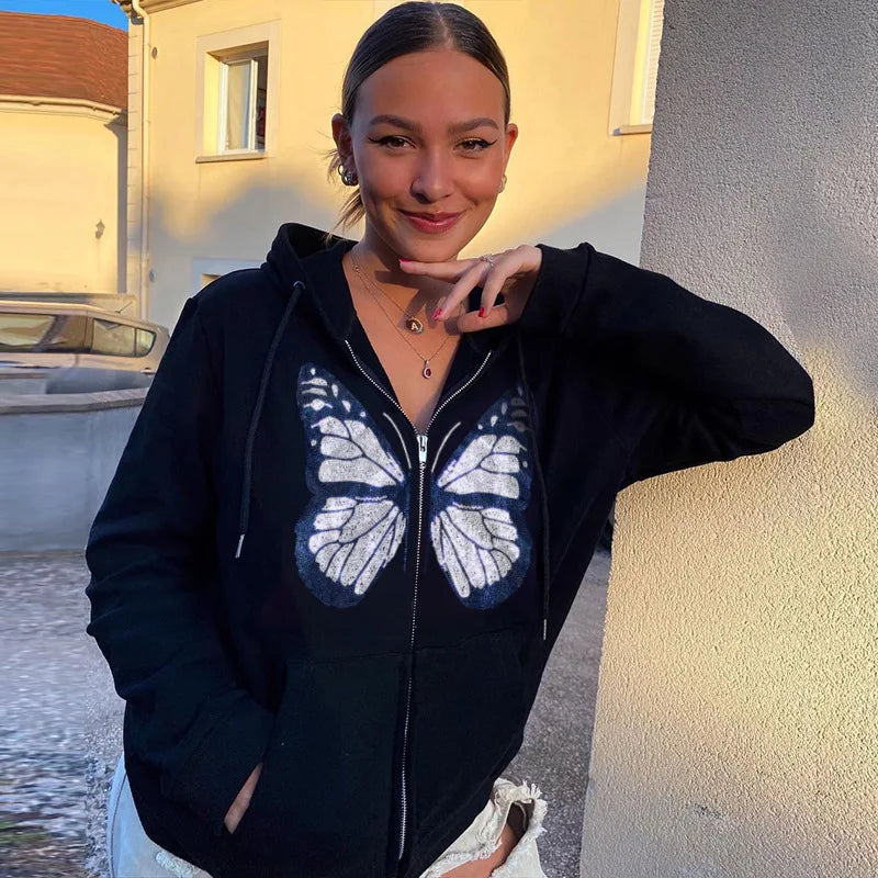 Y2K Grunge Punk Butterfly Print Oversize Zip Up Hoodies