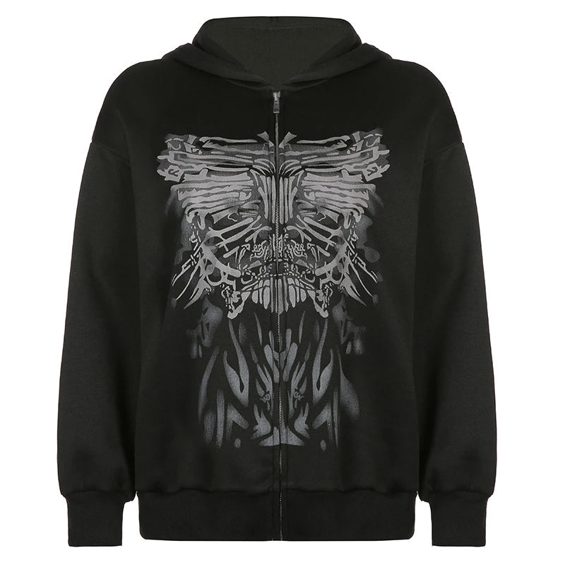 Y2K Grunge Punk Butterfly Print Oversize Zip Up Hoodies