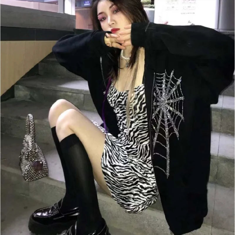 Y2K Grunge Punk Butterfly Print Oversize Zip Up Hoodies