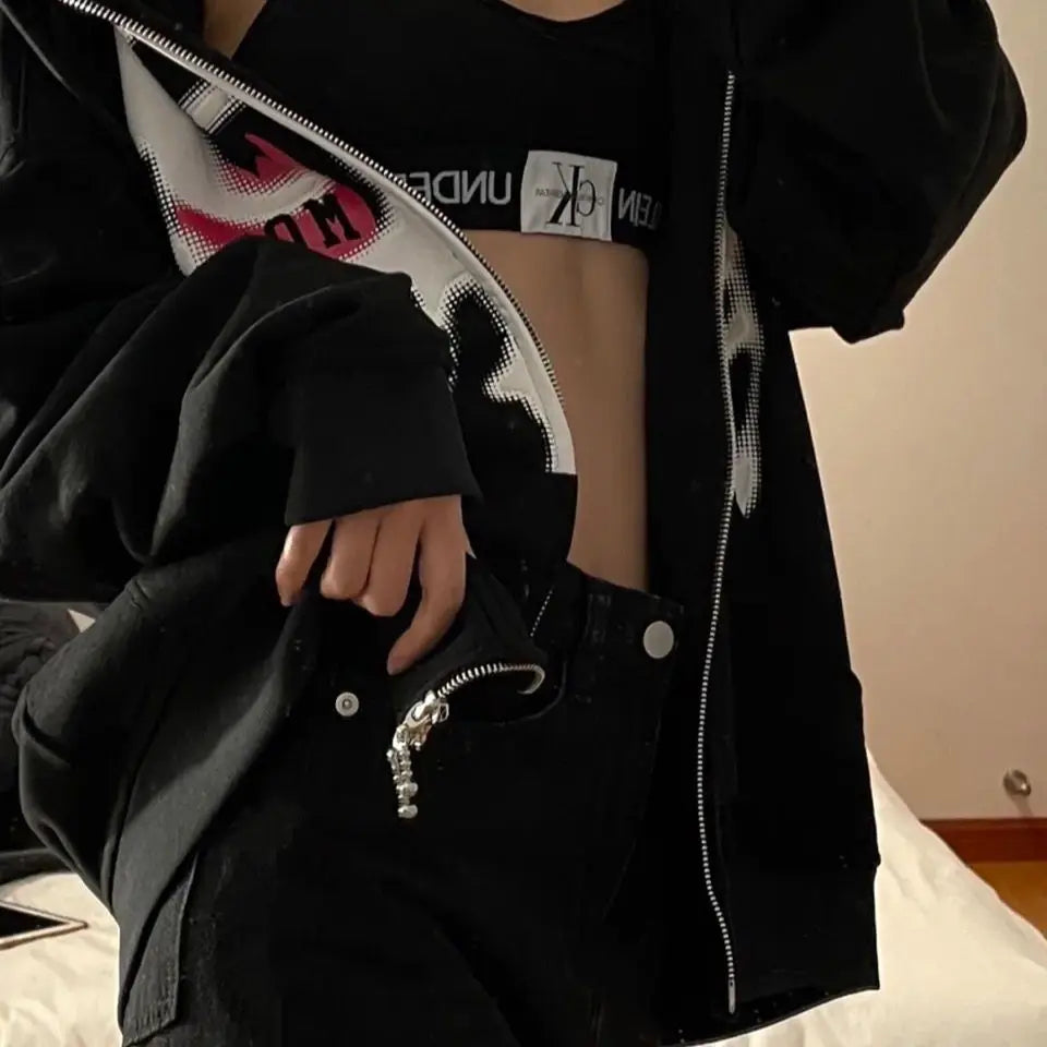 Y2K Grunge Punk Butterfly Print Oversize Zip Up Hoodies