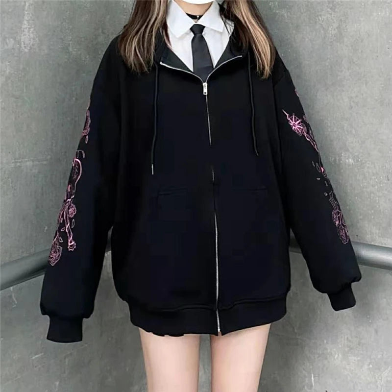 Y2K Grunge Punk Butterfly Print Oversize Zip Up Hoodies