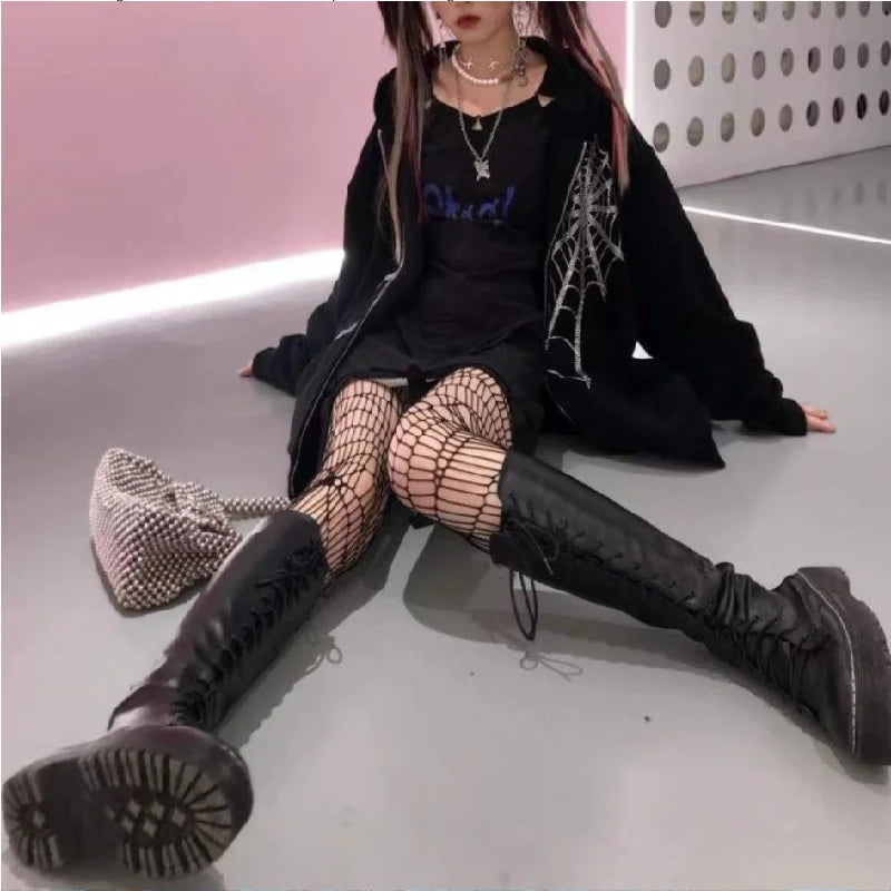 Y2K Grunge Punk Butterfly Print Oversize Zip Up Hoodies