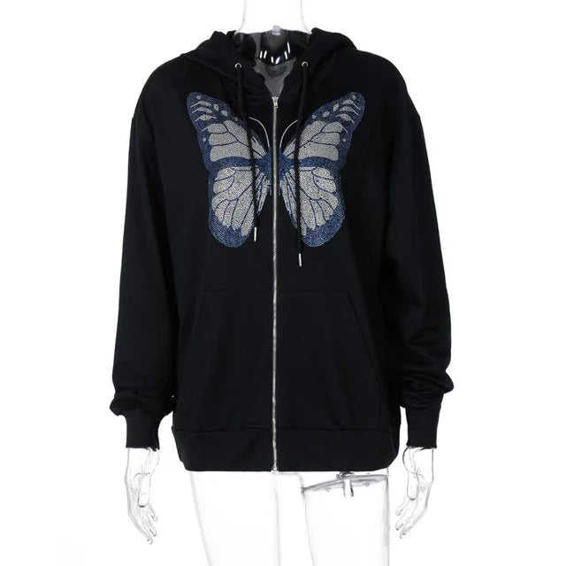 Y2K Grunge Punk Butterfly Print Oversize Zip Up Hoodies