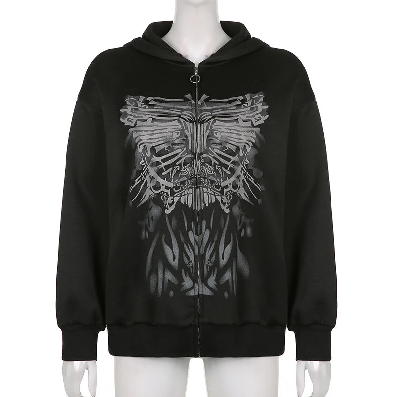 Y2K Grunge Punk Butterfly Print Oversize Zip Up Hoodies