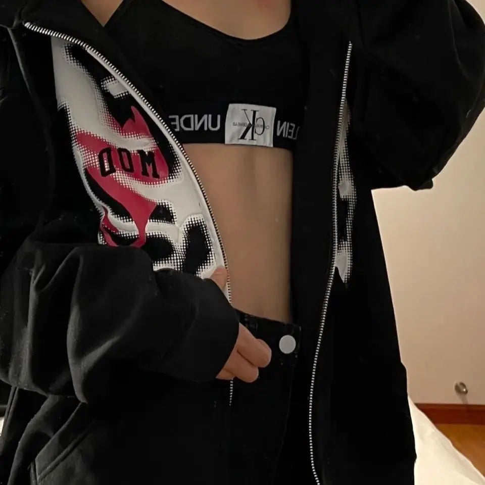 Y2K Grunge Punk Butterfly Print Oversize Zip Up Hoodies