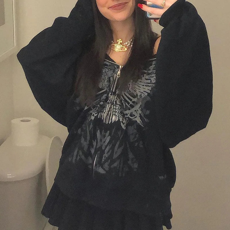 Y2K Grunge Punk Butterfly Print Oversize Zip Up Hoodies