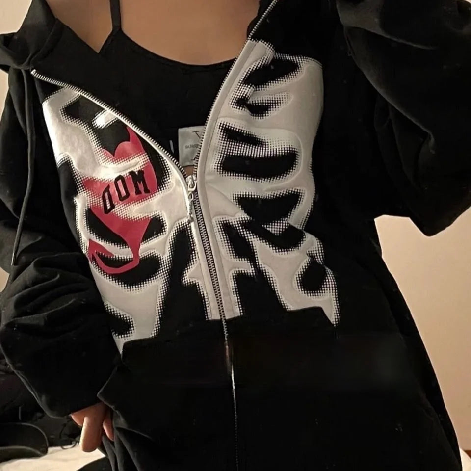 Y2K Grunge Punk Butterfly Print Oversize Zip Up Hoodies
