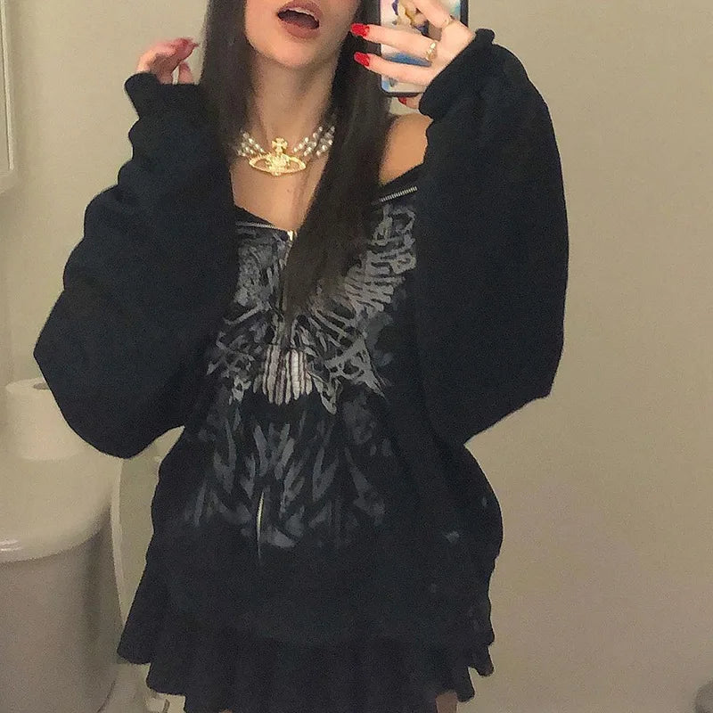 Y2K Grunge Punk Butterfly Print Oversize Zip Up Hoodies