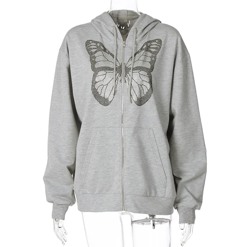 Y2K Grunge Punk Butterfly Print Oversize Zip Up Hoodies