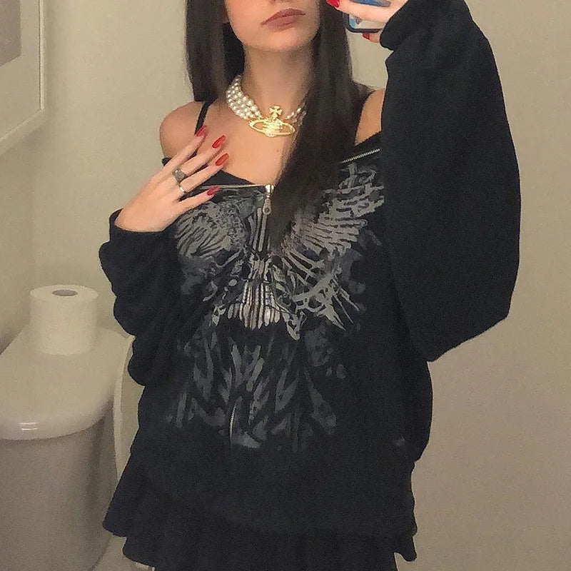 Y2K Grunge Punk Butterfly Print Oversize Zip Up Hoodies