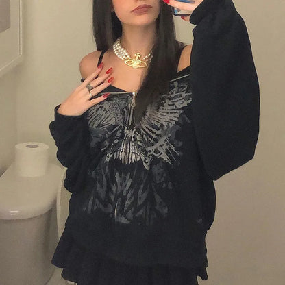 Y2K Grunge Punk Butterfly Print Oversize Zip Up Hoodies
