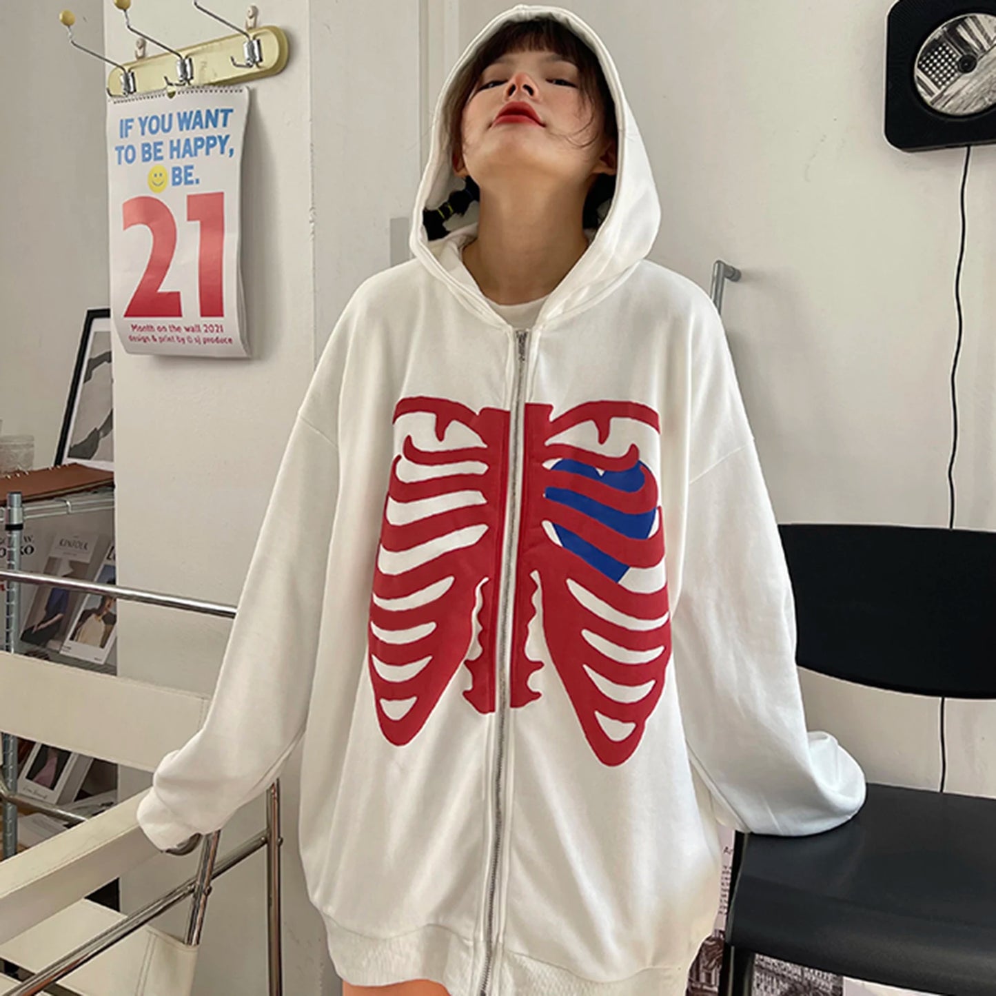 Y2K Grunge Punk Butterfly Print Oversize Zip Up Hoodies