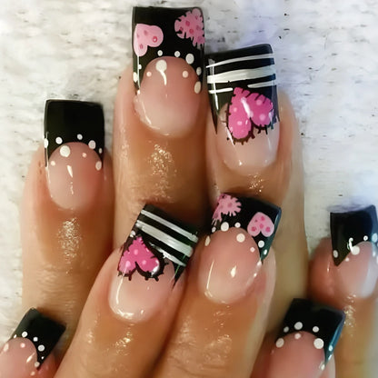 Y2K Girls Black French Press On Nails Pink Love Heart/Dot
