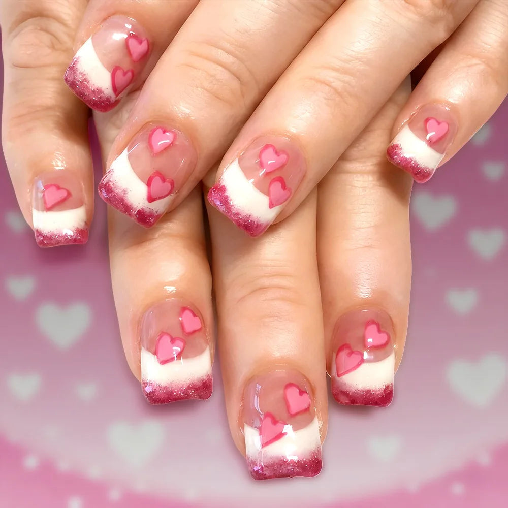 Y2K Girls Black French Press On Nails Pink Love Heart/Dot