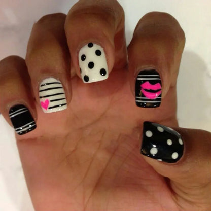 Y2K Girls Black French Press On Nails Pink Love Heart/Dot