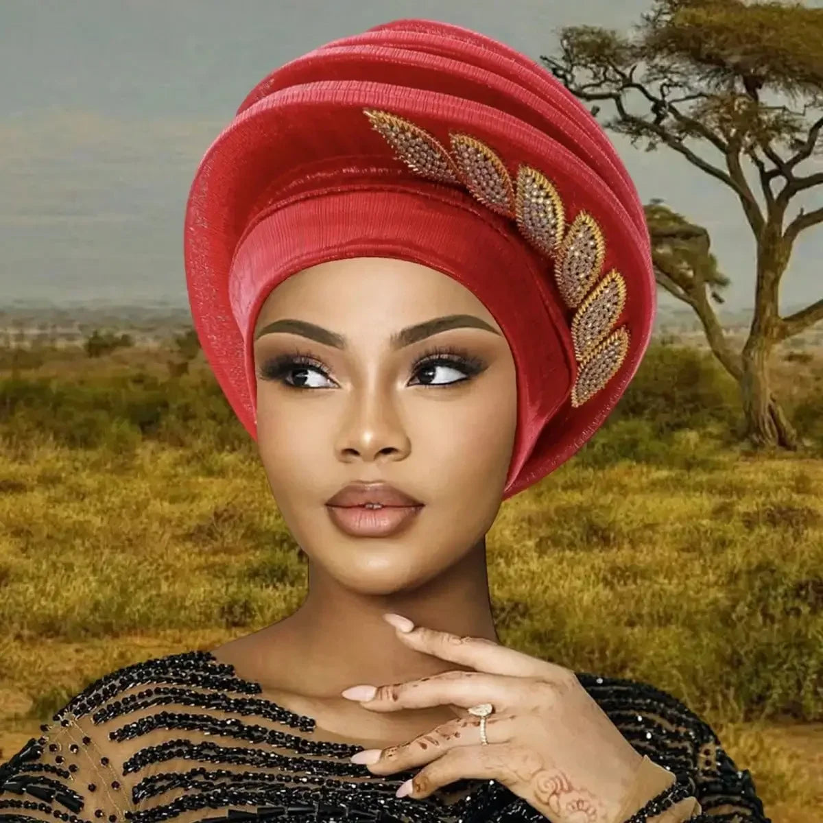 Pleated Leaf Turban Hat, Elegant Chiffon Head Wrap