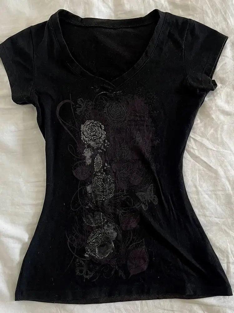 Y2k Aesthetic Flower Printing Women Grunge T-shirts Vintage Slim Harajuku Causal Black Tshirts 2025 Summer Bottoming Crop Tops