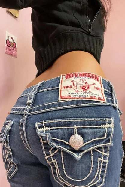 Retro Pocket Embroidery Blue Baggy Jeans