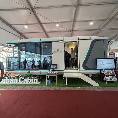 Space capsule room with kitchen and wheels